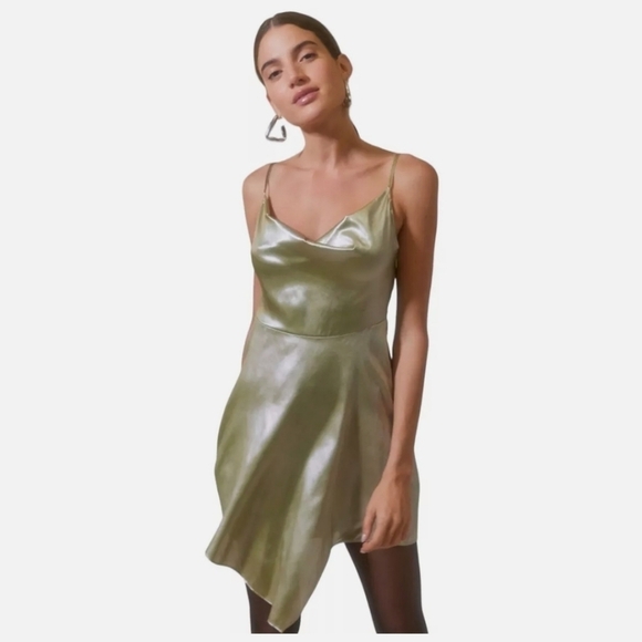 Urban Outfitters Mallory Asymmetrical Metallic Lime Green Slip Dress Size Medium - Picture 2 of 11